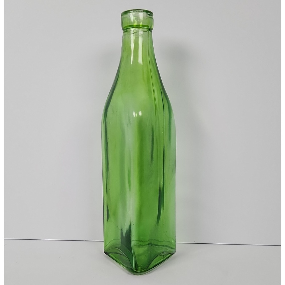 Vintage Emerald Green Glass Triangular Bottle 10" Mid Century Vase Carafe MCM